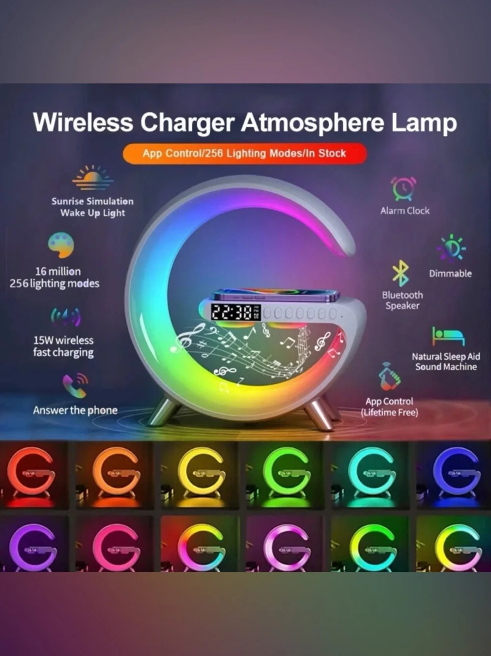 LED RGB C-Shaped Desk Lamp with Digital Clock & Wireless Charging